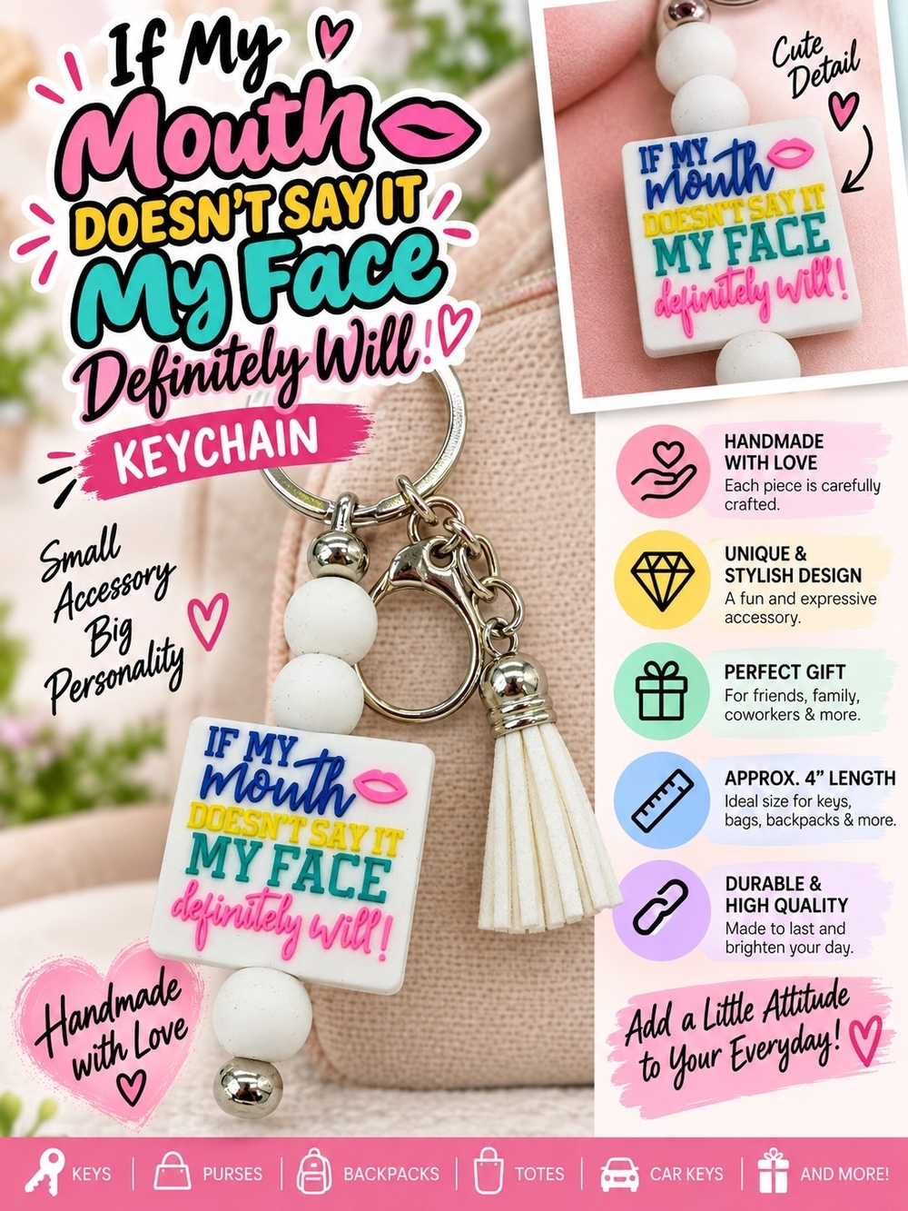A78. Handmade Quote Keychain White & Silver NWT
